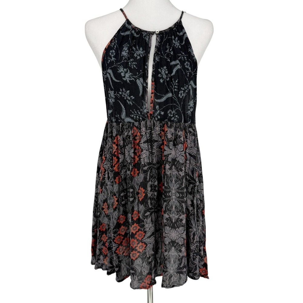 Intimately Free People Floral Halter Mini Dress Black Orange Keyhole Small S